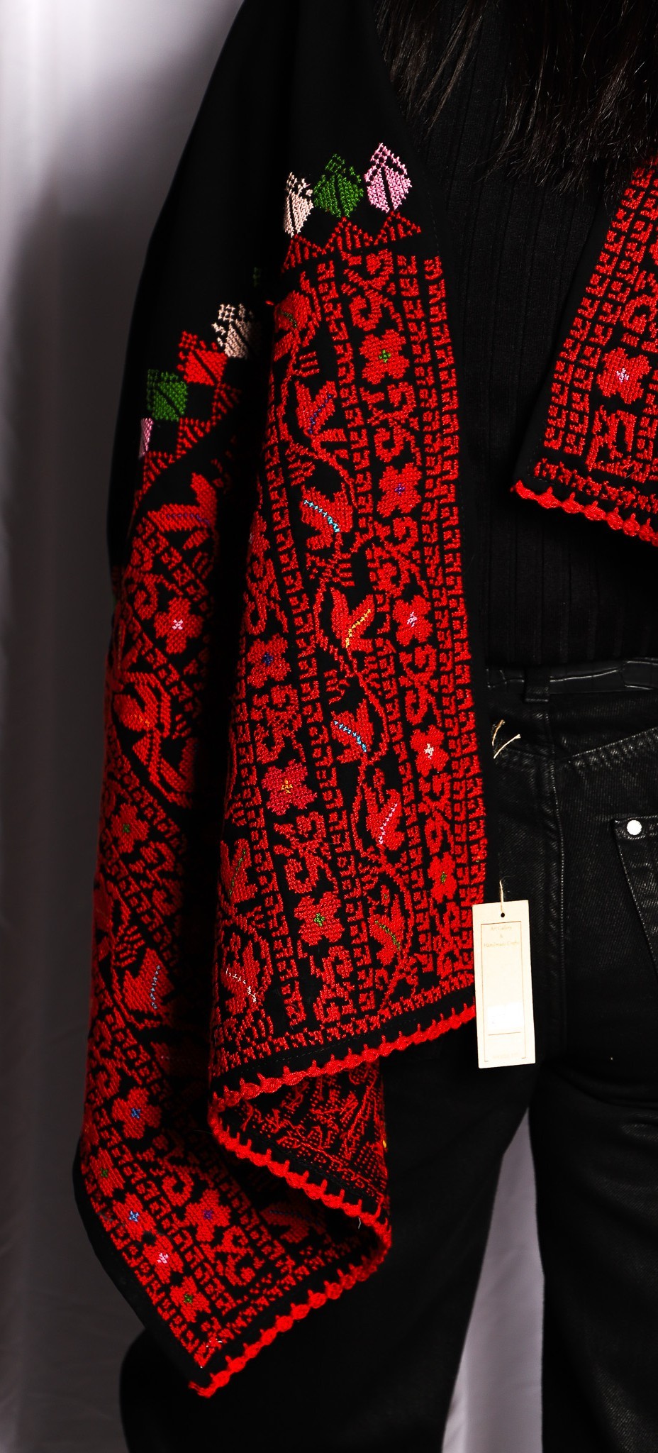 Palestinian Hand-Embroidered Shawl with Fiery Red Botanical Design – Bold Heritage Elegance