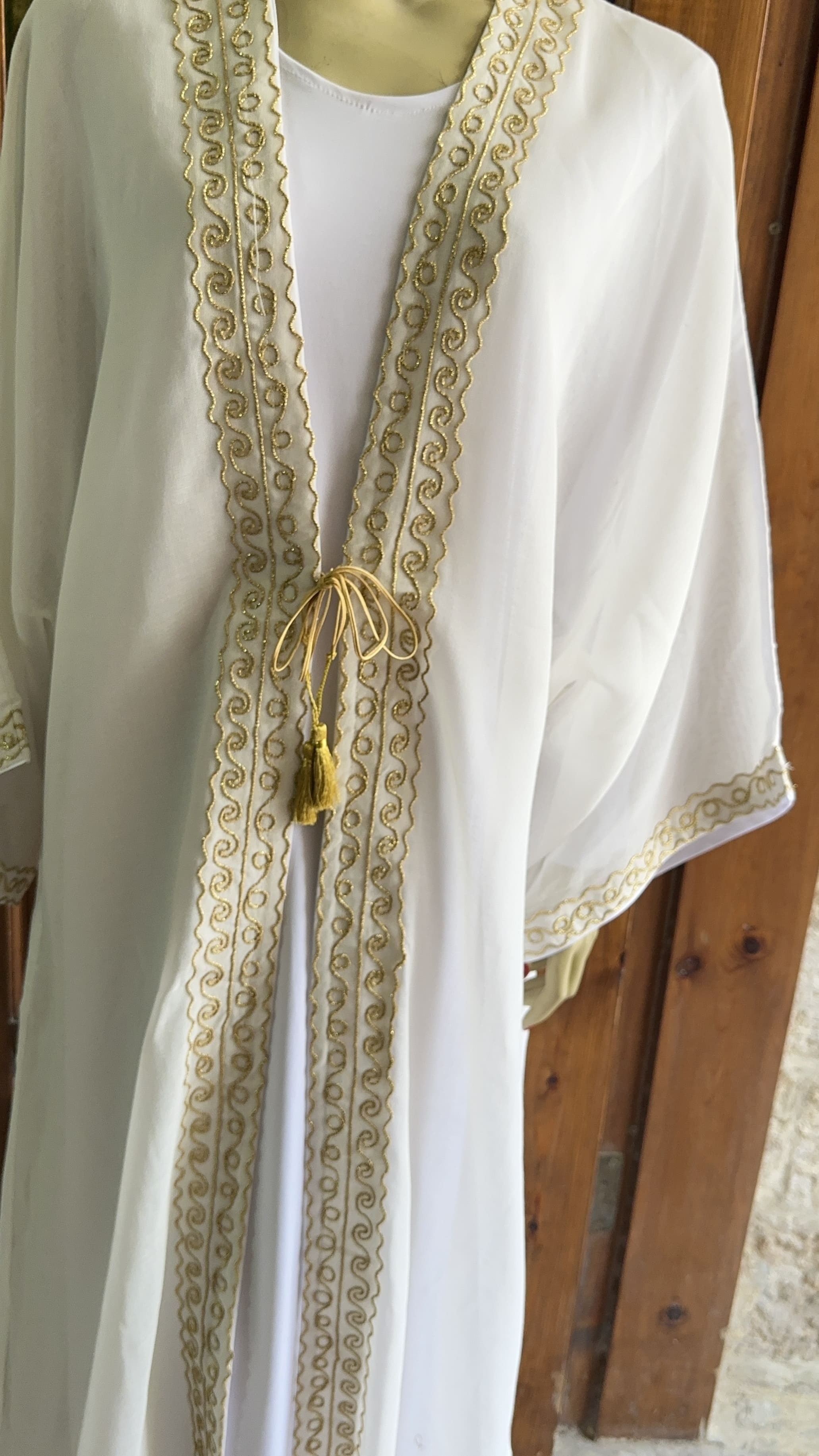 White Bridal Abaya with Elegant Gold Embroidery – Oriental Flair