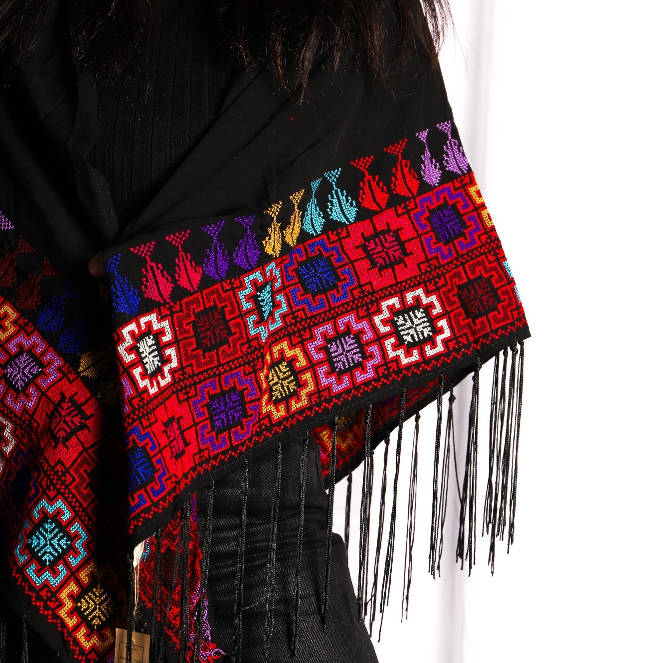 Luxury Hand-Embroidered Shawl with Colorful Star-Like Motifs & Black Tassels