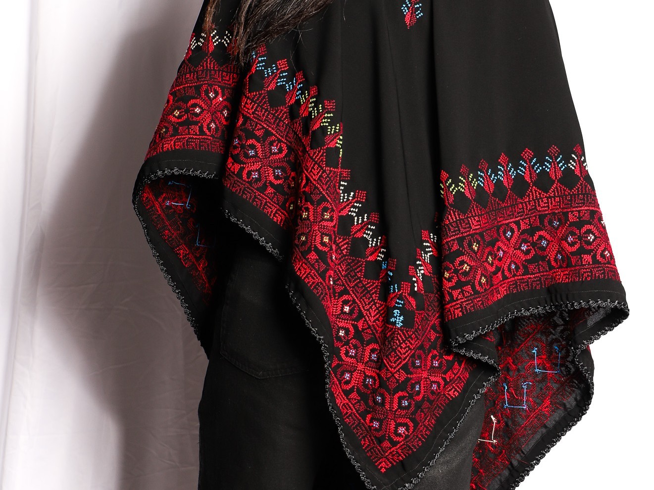 Hand-Embroidered Palestinian Shawl with Traditional Red Geometric Patterns