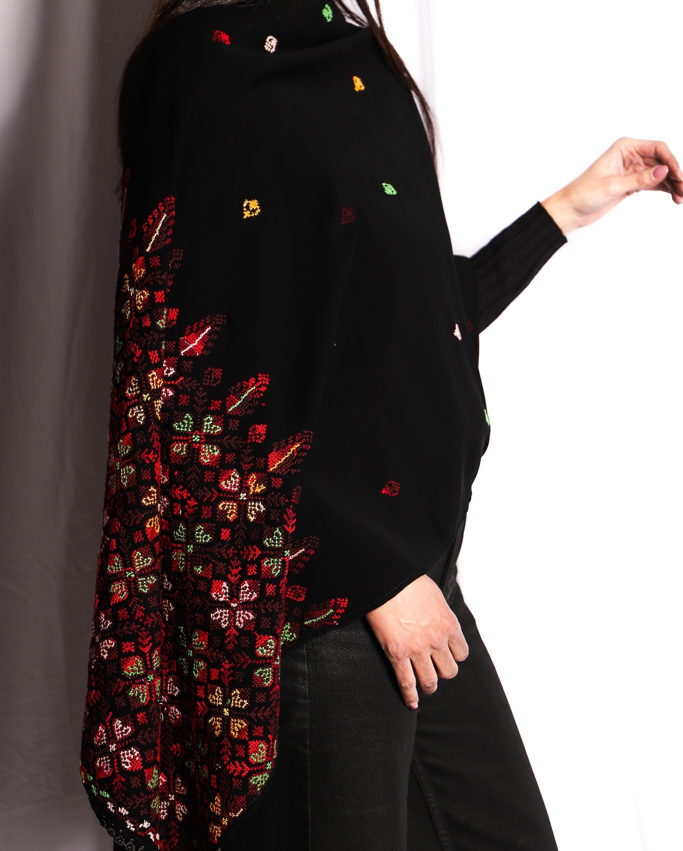 Palestinian Hand-Embroidered Shawl with Subtle Floral Borders and Scattered Colors