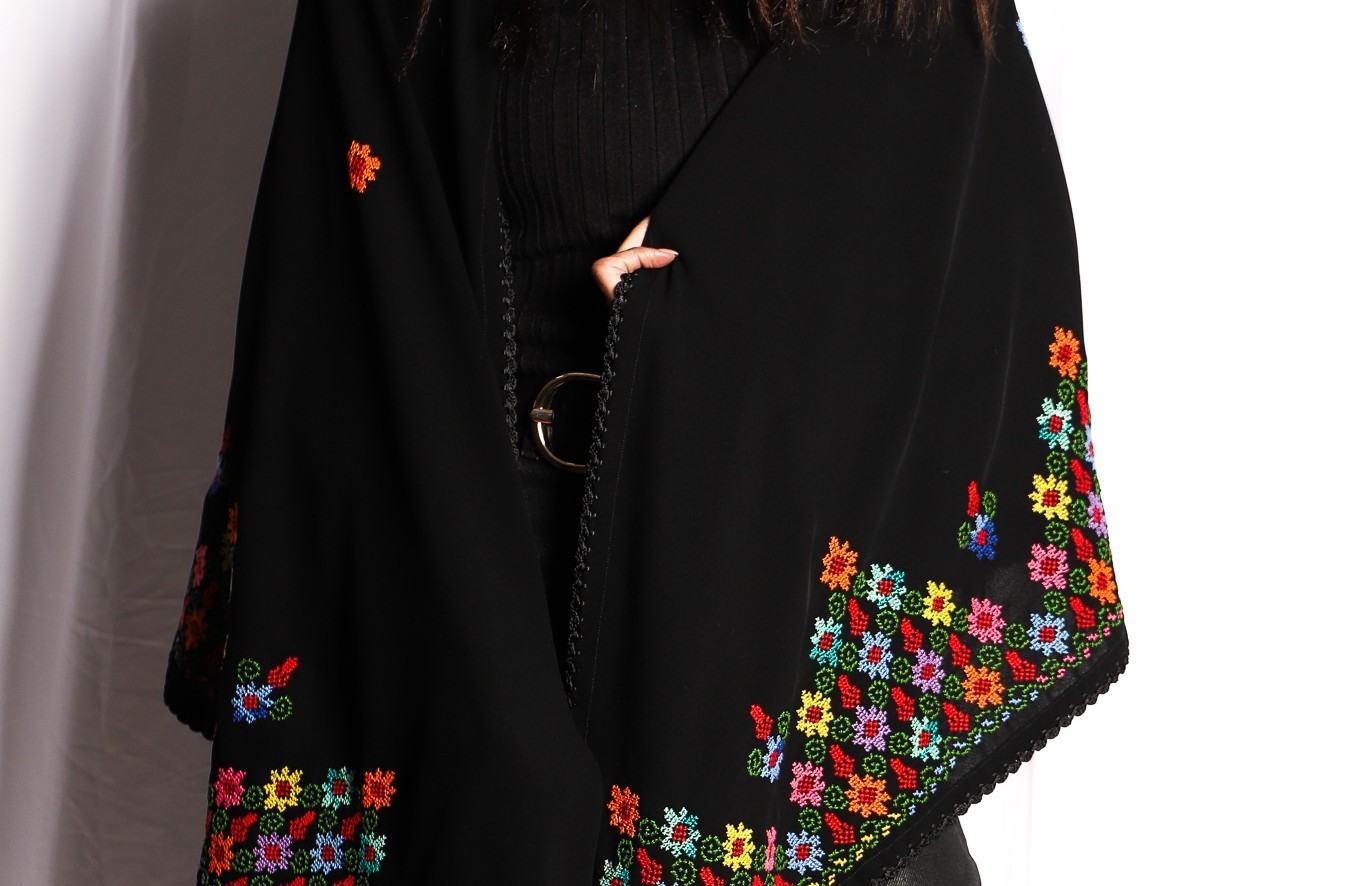 Black Hand-Embroidered Shawl with Colorful Mini Flowers – Palestinian Heritage with Joy