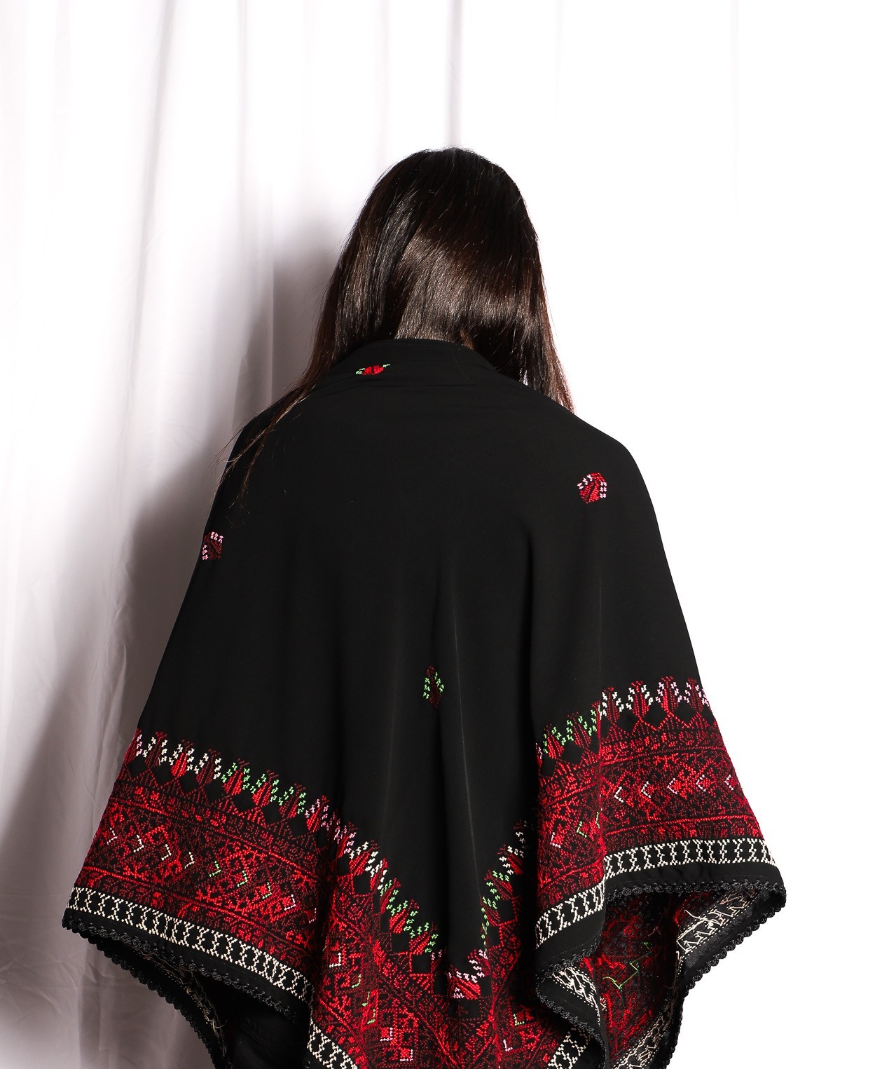 Traditional Palestinian Embroidered Shawl with Red Geometric Borders – Heritage Elegance