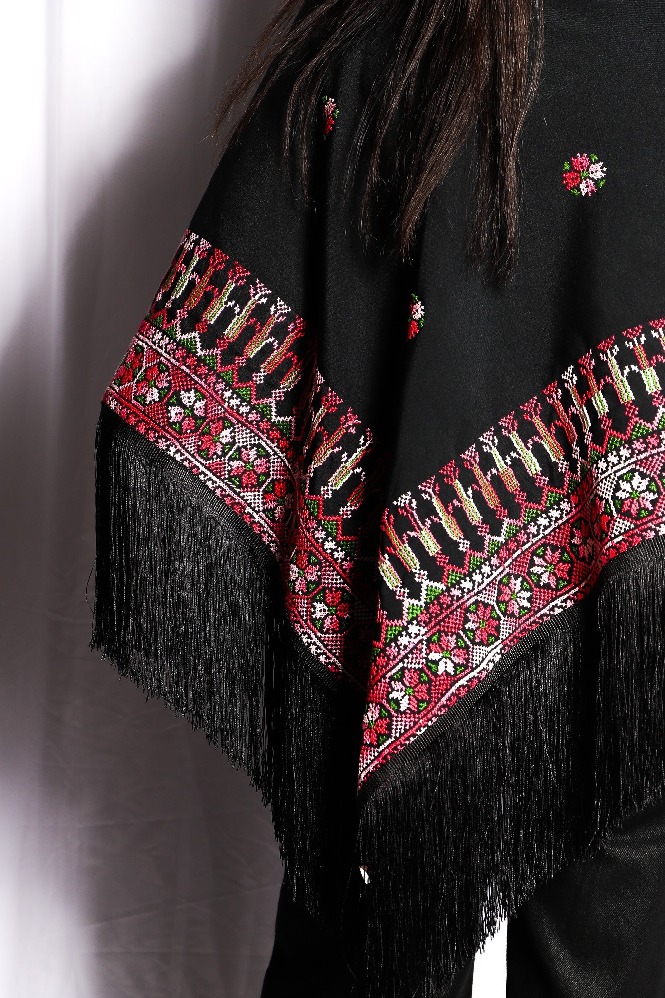 Luxury Palestinian Hand-Embroidered Shawl with Floral Motifs and Black Tassels