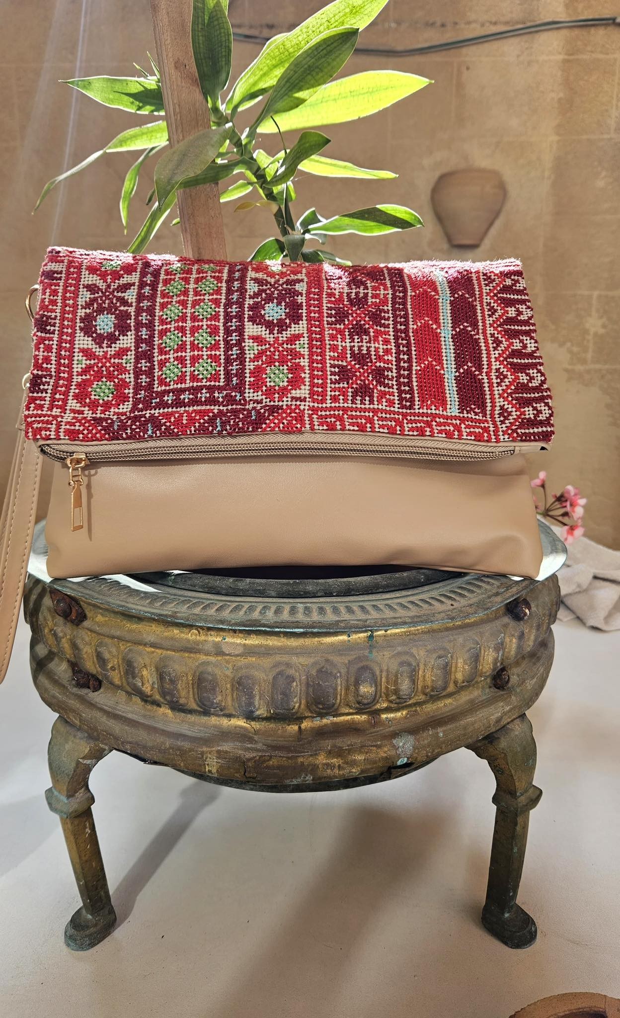 Handmade Beige Shoulder Bag with Bold Red Palestinian Embroidery