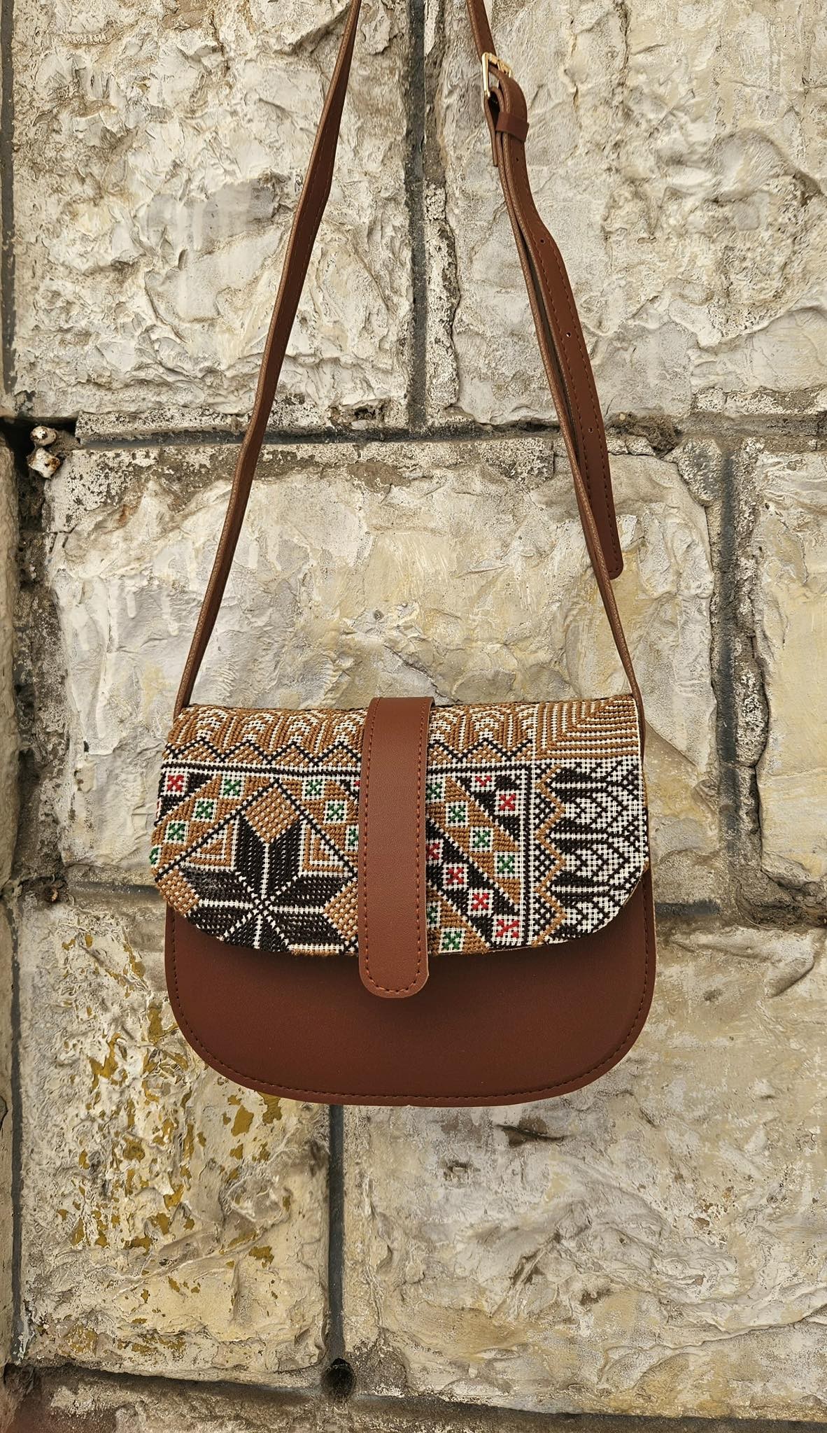 Hand-Embroidered Leather Crossbody Bag with Traditional Palestinian Geometric Motifs