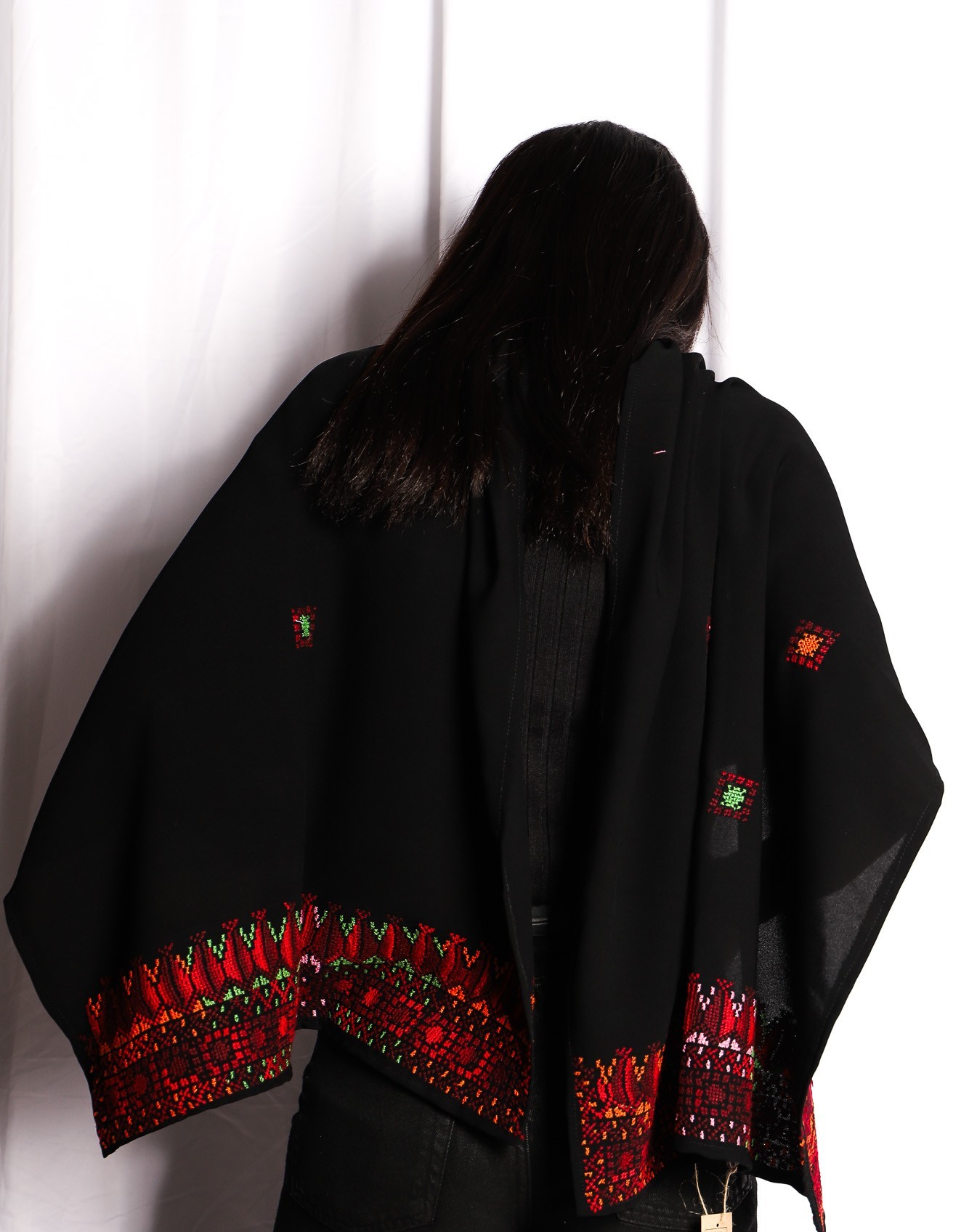 Black Palestinian Hand-Embroidered Shawl with Red & Green Motifs – A Touch of Heritage