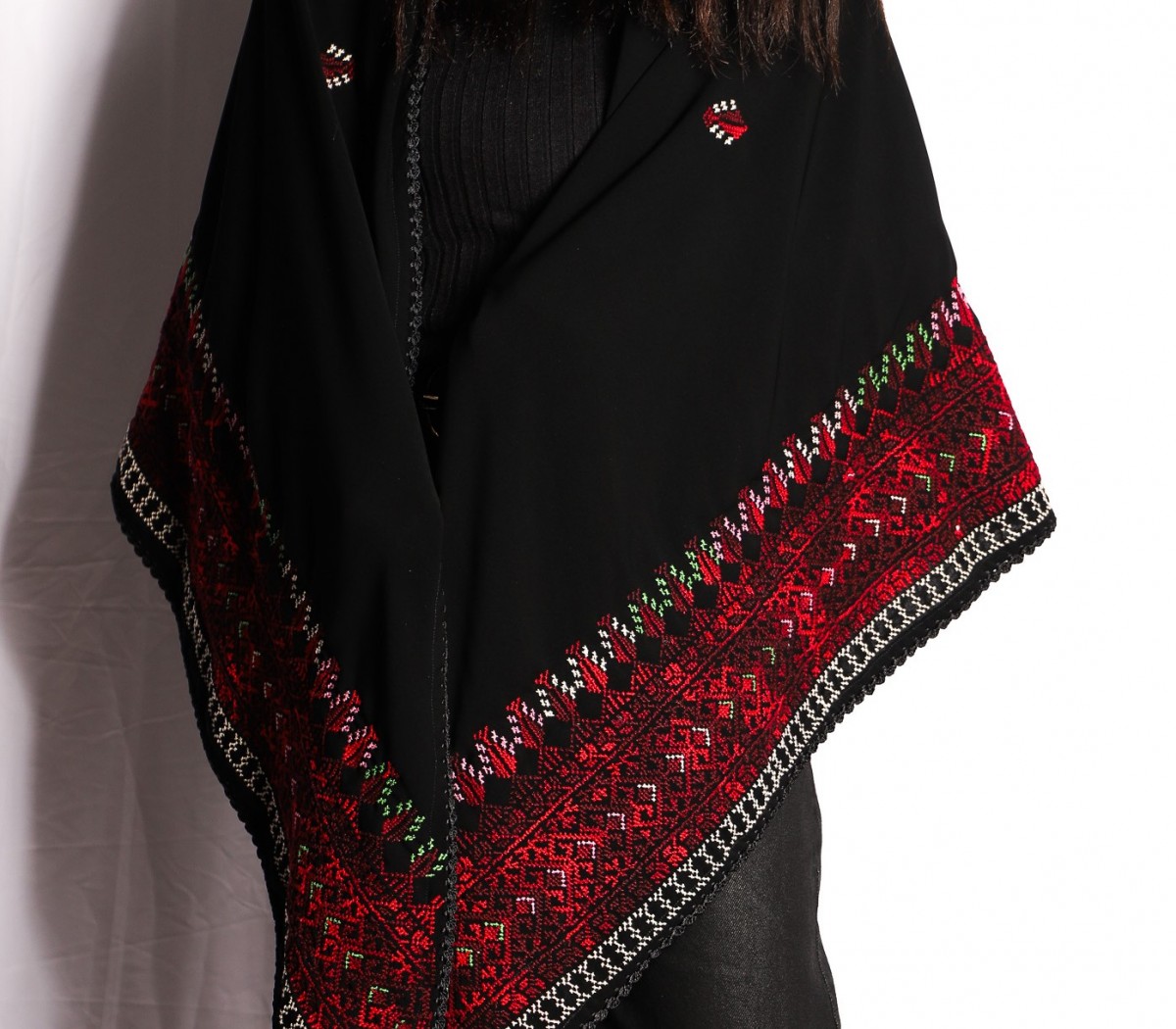 Traditional Palestinian Embroidered Shawl with Red Geometric Borders – Heritage Elegance