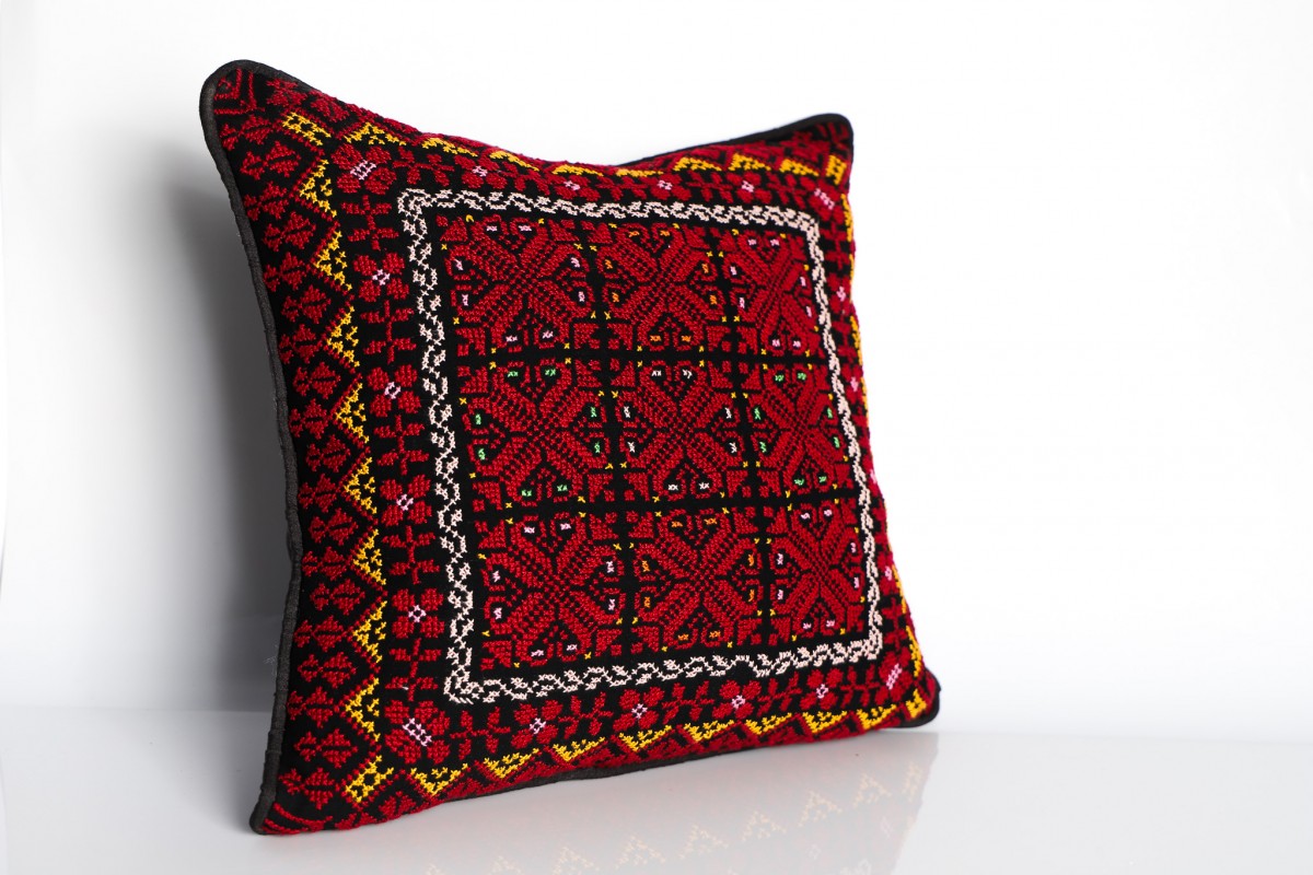 Handmade Embroidered Square Pillow - Authentic Decorative Cushion