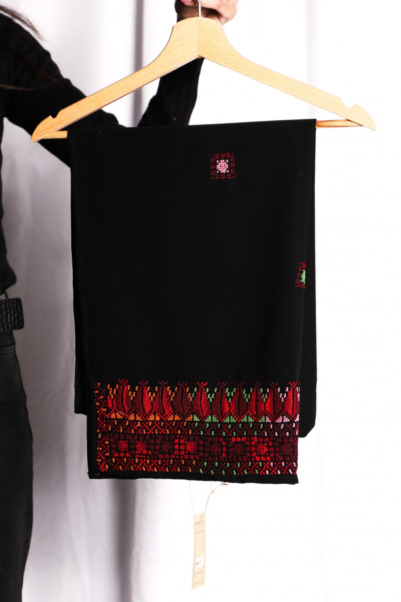 Black Palestinian Hand-Embroidered Shawl with Red & Green Motifs – A Touch of Heritage
