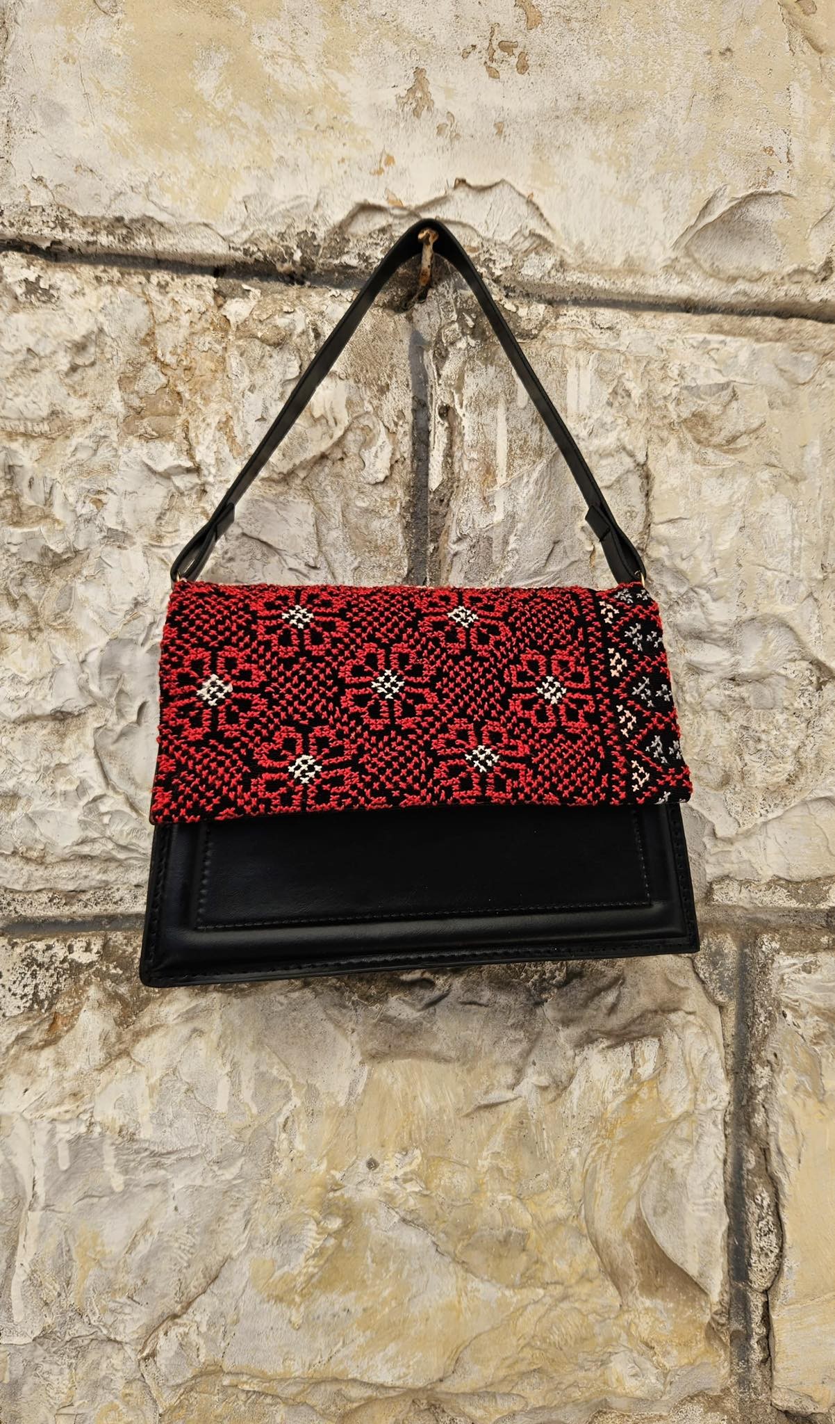 Classic Black Handbag with Hand-Embroidered Palestinian Rose Pattern