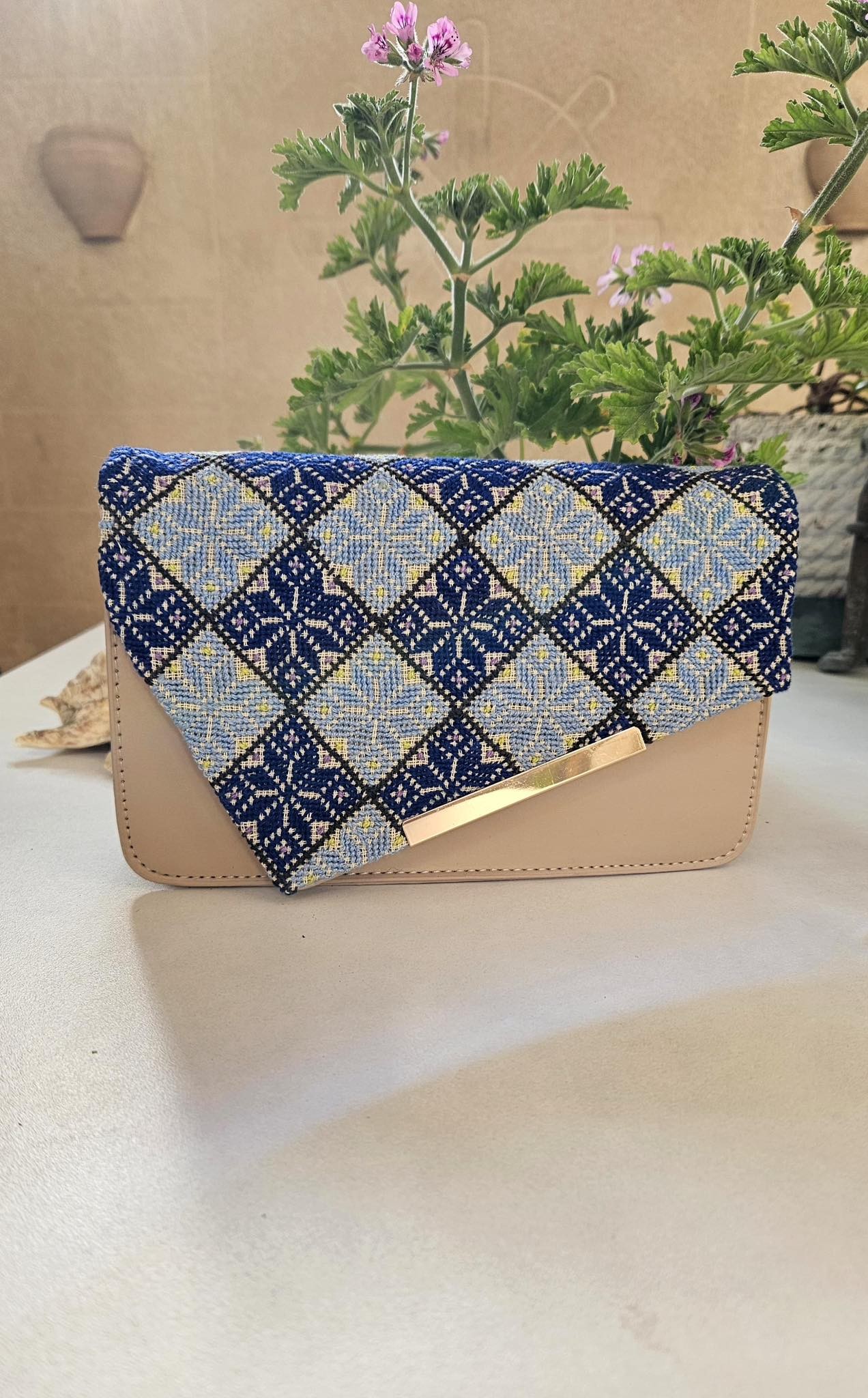 Beige Hand-Embroidered Clutch with Blue Geometric Motifs – Soft Heritage Elegance