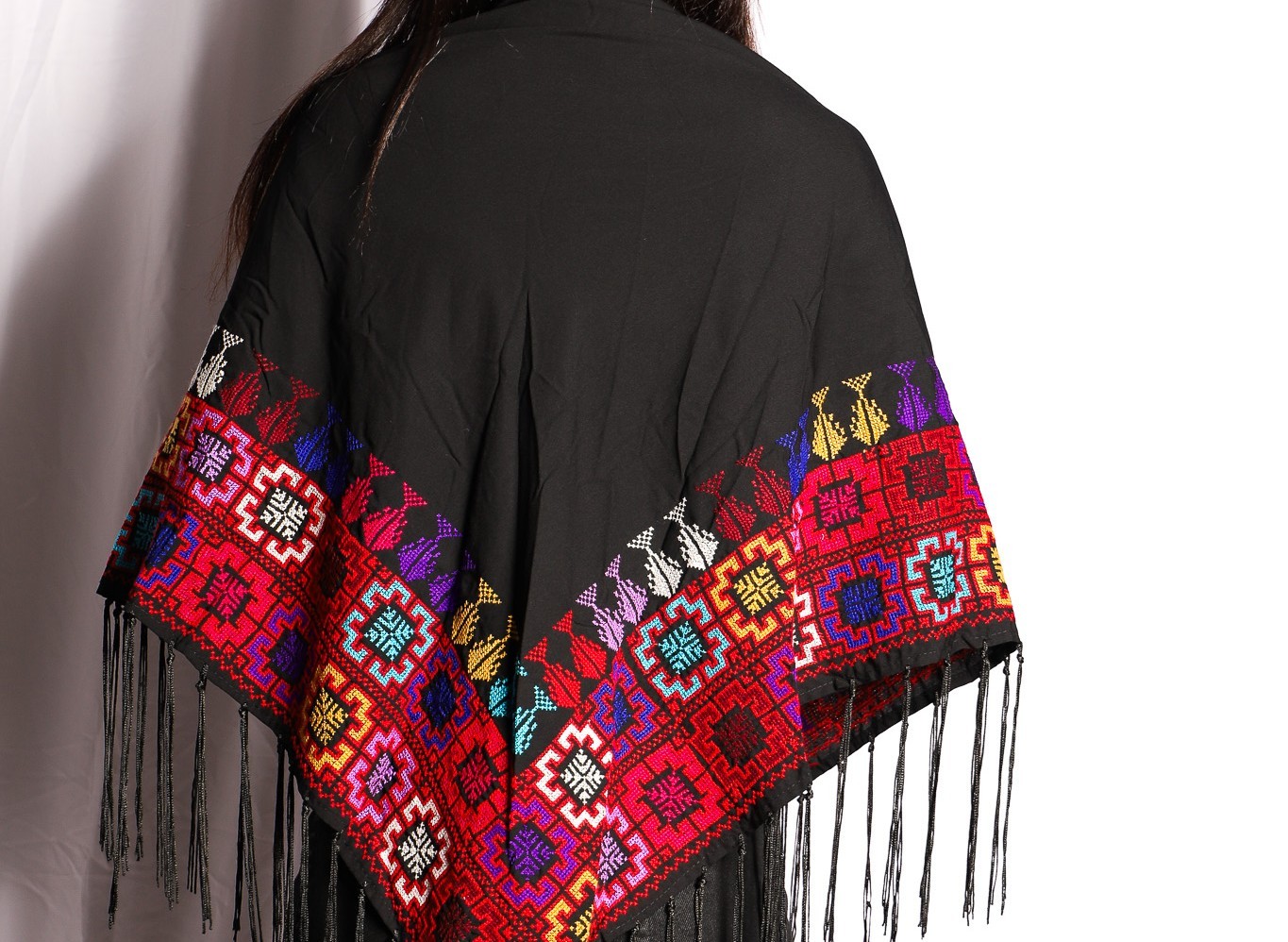 Luxury Hand-Embroidered Shawl with Colorful Star-Like Motifs & Black Tassels