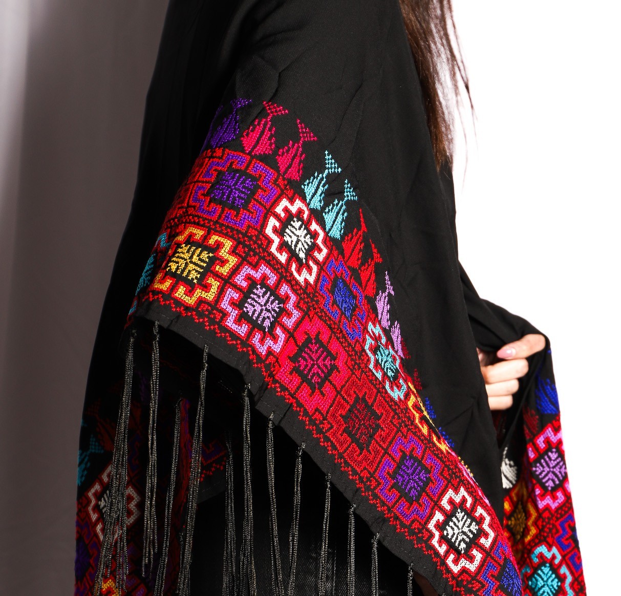 Luxury Hand-Embroidered Shawl with Colorful Star-Like Motifs & Black Tassels