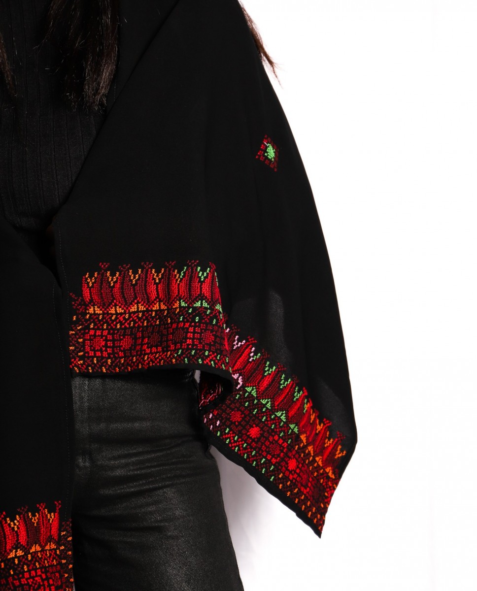 Black Palestinian Hand-Embroidered Shawl with Red & Green Motifs – A Touch of Heritage