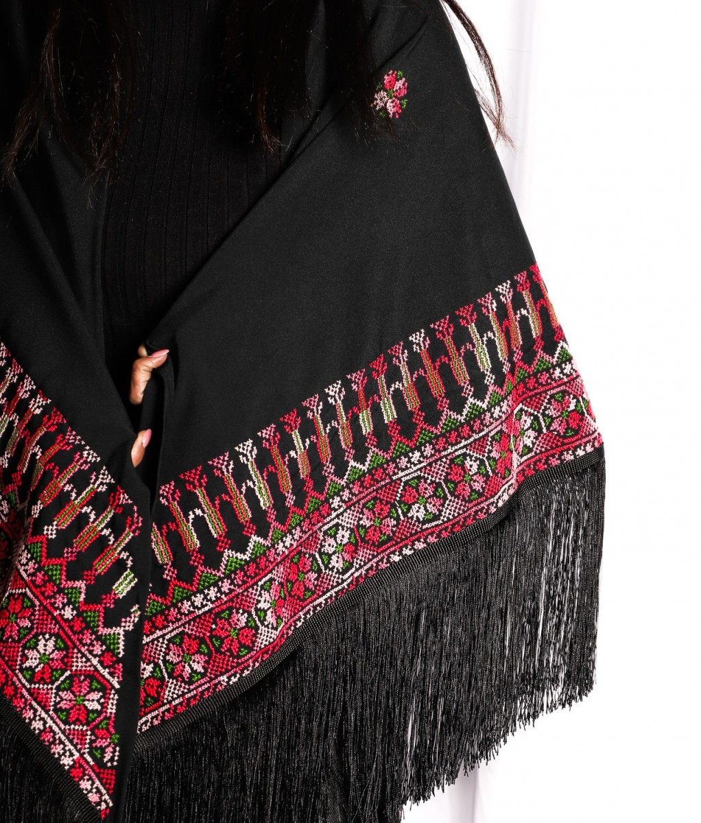Luxury Palestinian Hand-Embroidered Shawl with Floral Motifs and Black Tassels
