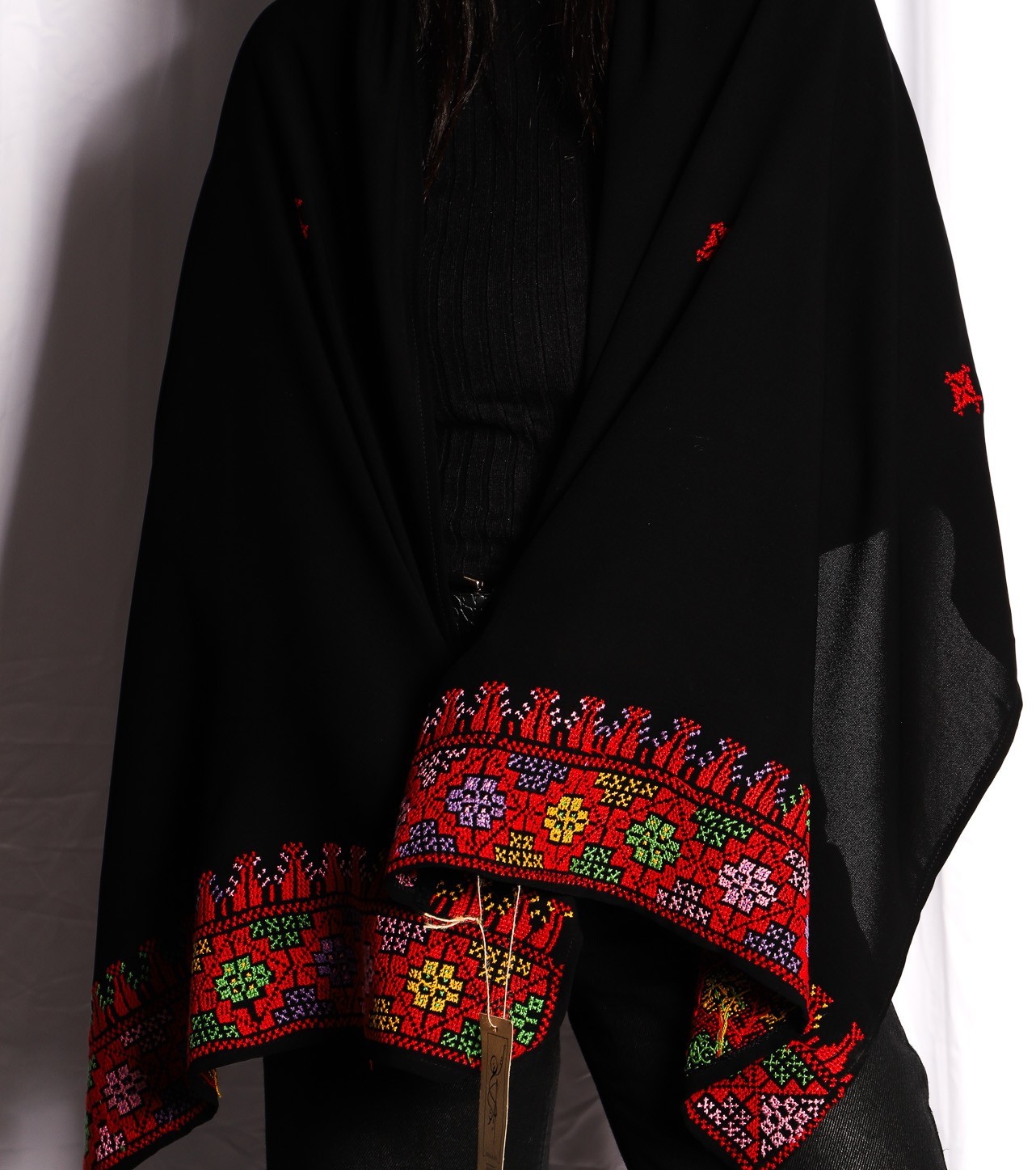 Hand-Embroidered Palestinian Shawl with Colorful Floral Motifs