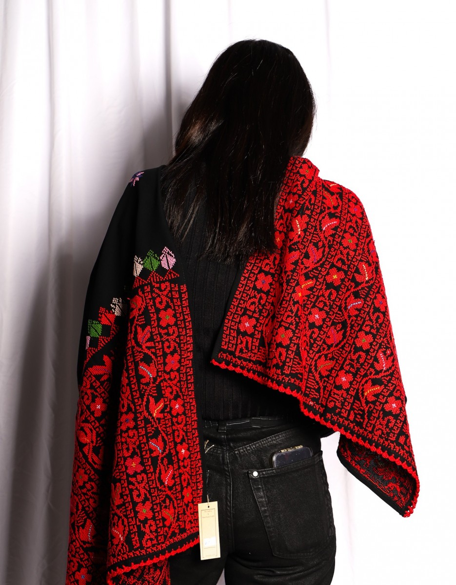 Palestinian Hand-Embroidered Shawl with Fiery Red Botanical Design – Bold Heritage Elegance